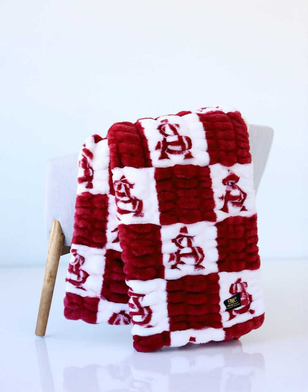 Red and white checkered Arizona State Sun Devils blanket with mascot logo.