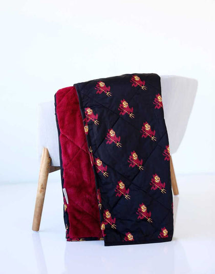 Black and red Minky Couture blanket featuring pitchfork mascot designs.