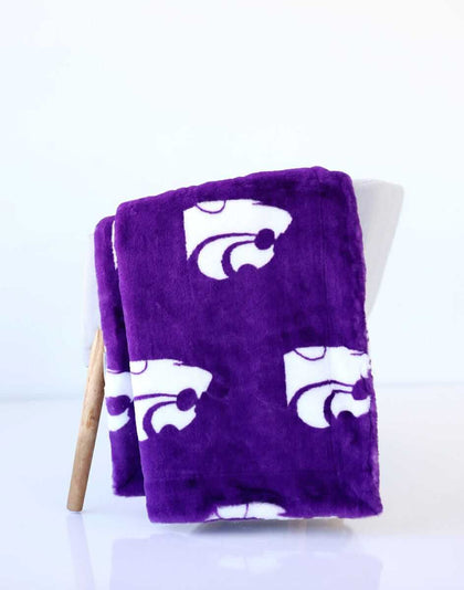 Plush purple Kansas State Wildcats Blanket Minky Couture blanket with white wildcat logos.