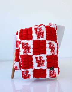 Red and white Minky Couture Houston Cougar blanket with checkered design.
