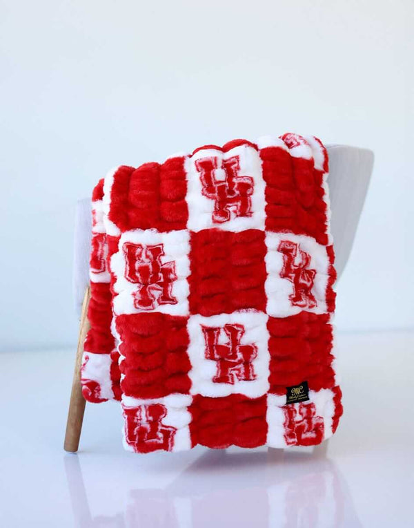 Red and white Minky Couture Houston Cougar blanket with checkered design.