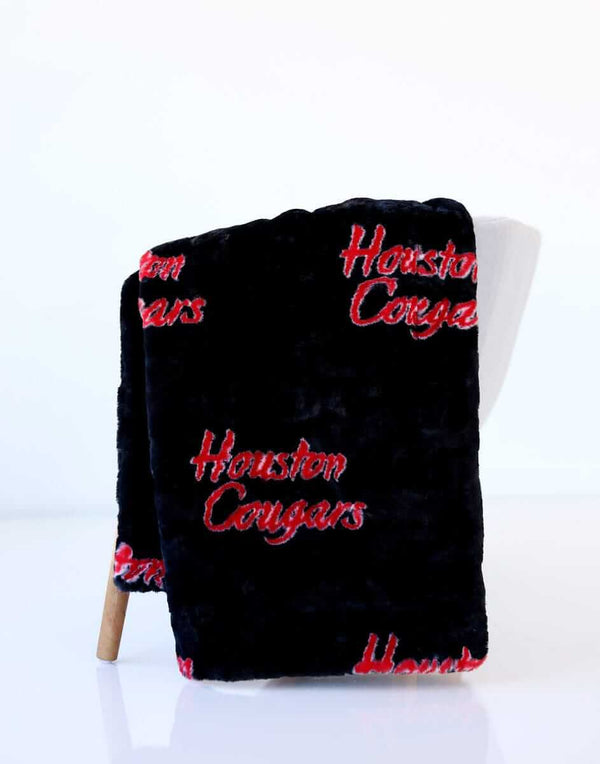 Black Minky Couture blanket with red Houston Cougars lettering.