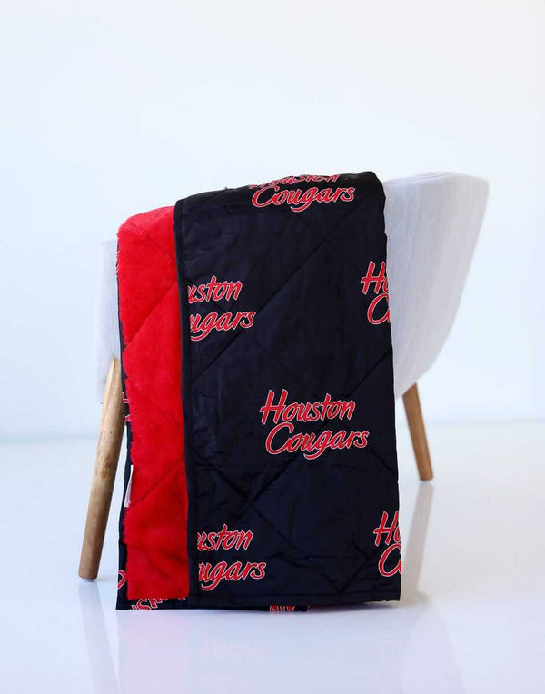 Black and red Minky Couture Hooded Stadium blanket with Houston Cougars text.