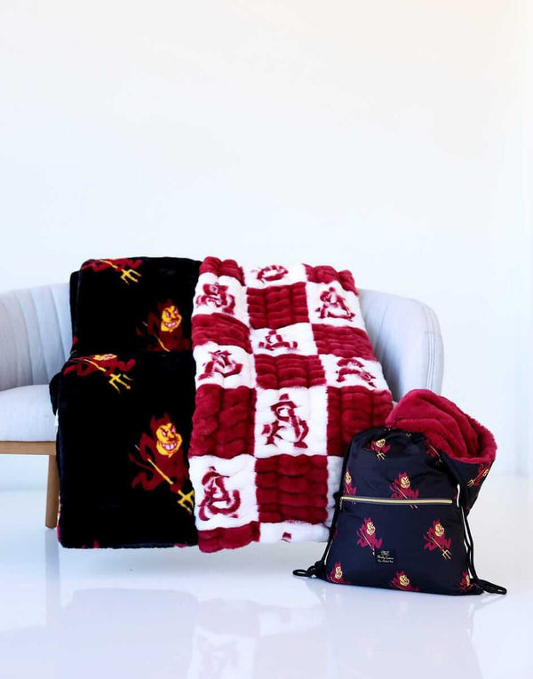 Black and red Minky Couture Arizona State Sun Devils blankets and a matching bag.