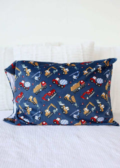 Construction Zone Blanket featuring construction vehicles on a navy blue background, perfect for kids' bedding.