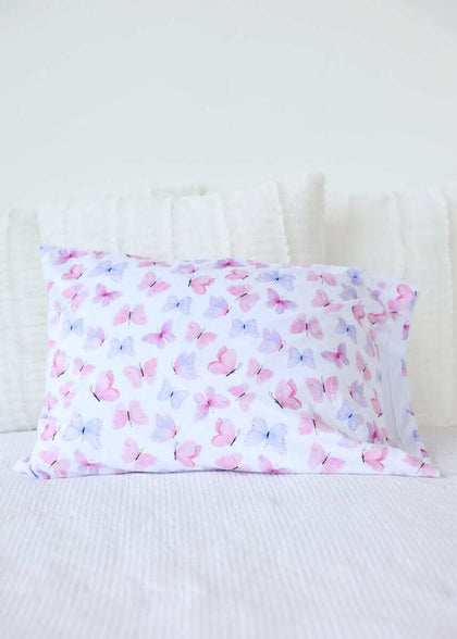 Pastel Butterfly Blanket with pink and lilac butterflies on a white background, perfect for a cheerful decor.