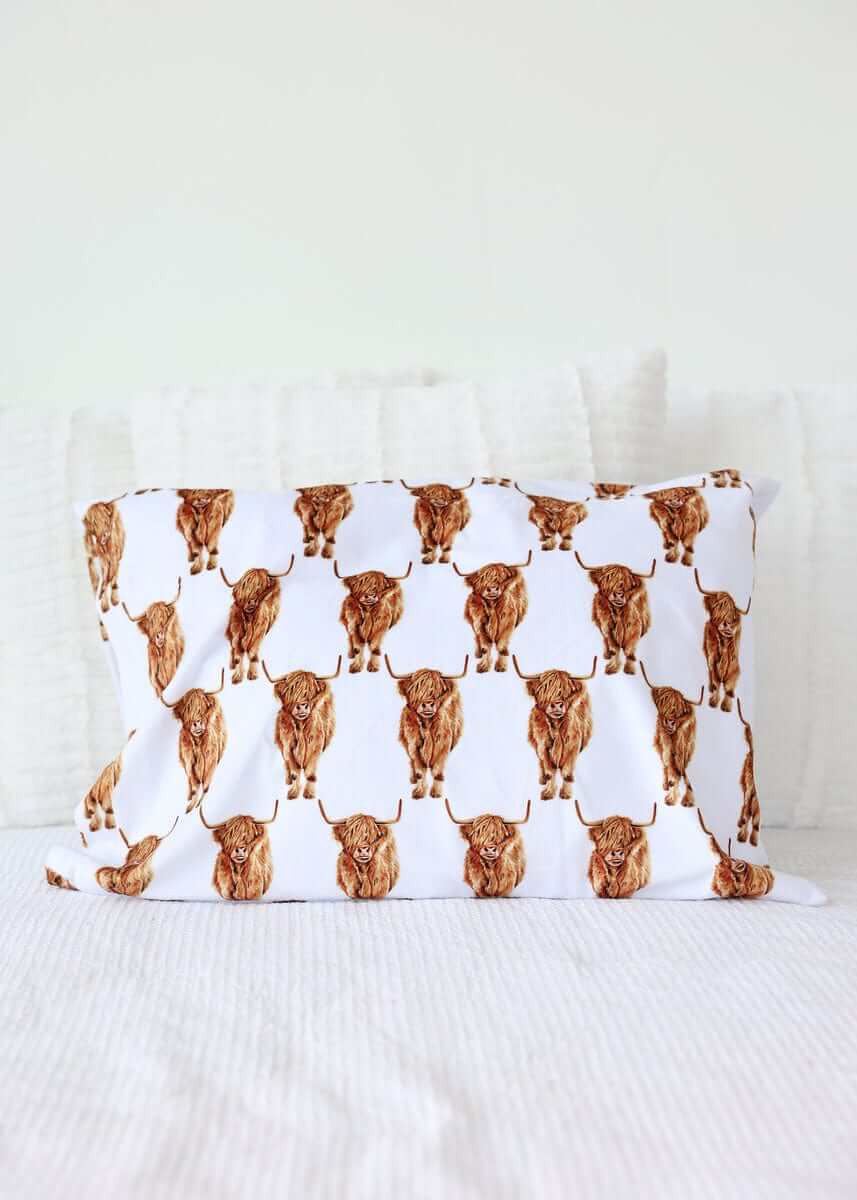Highland Cow Blanket design showcasing Highland cows on a white background, perfect for home decor.