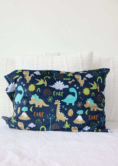 Dinosaur Land Blanket featuring colorful dinosaurs and volcanoes in a playful jungle design on a navy background.