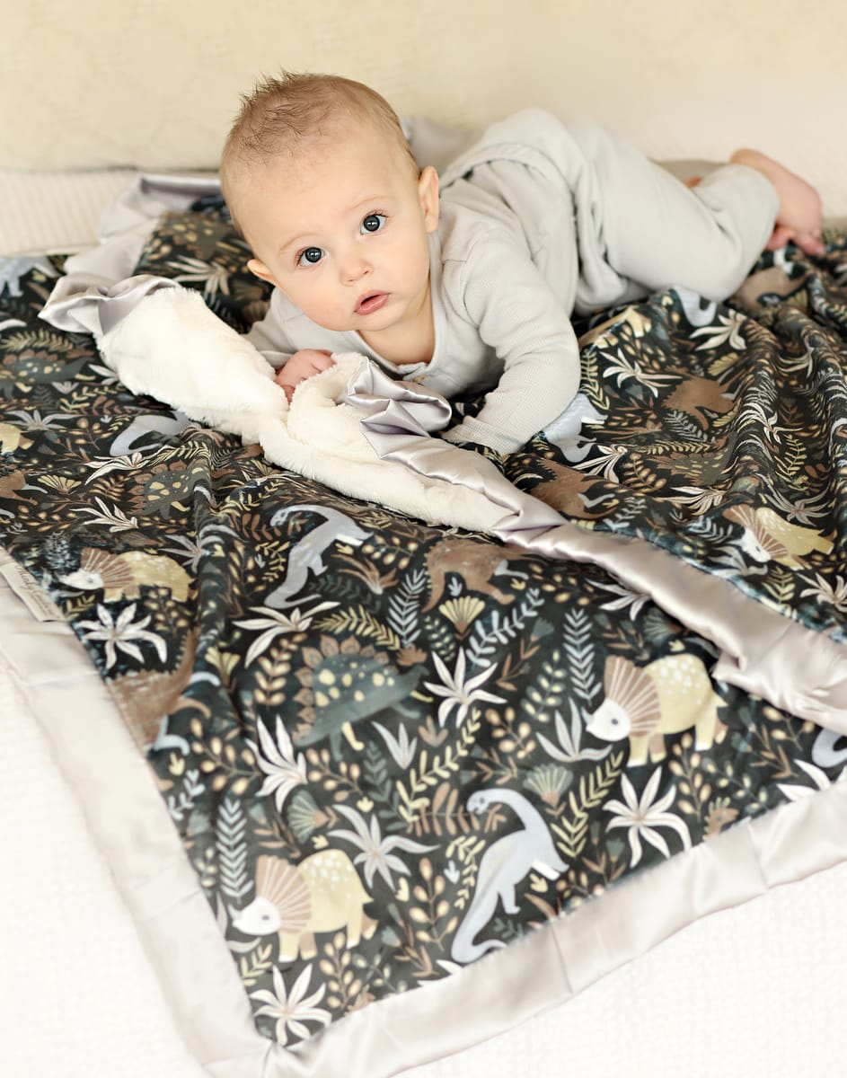 Gray Little Dino Blanket with dinosaurs on a gray background, cozy blanket for kids featuring plush minky and satin ruffle.