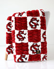 University of South Carolina blanket featuring a red and white blanket with a logo on a white background.