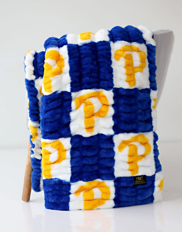 University of Pittsburgh Panthers Blanket in cozy blue, white, and gold color pattern, perfect for any fan and occasion.