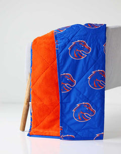 Boise State Broncos Hooded Stadium Blanket showing blue and orange sides with Broncos mascot design.