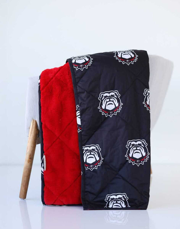 Georgia Bulldogs Hooded Stadium Blanket displayed with bold logos and a soft plush interior.