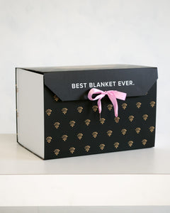Gift Box featuring stylish design with text "BEST BLANKET EVER" and pink ribbon for a luxurious presentation.