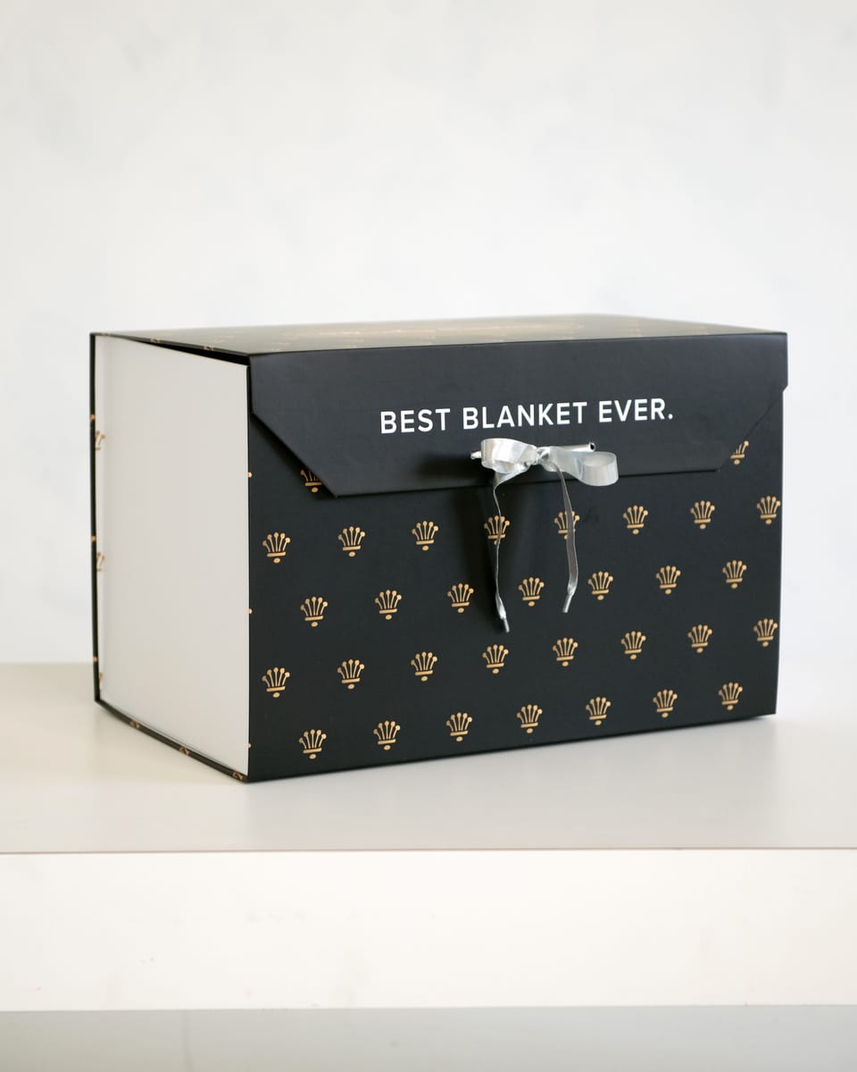 Gift Box with luxurious design, featuring 'BEST BLANKET EVER.' text and decorative pattern for the ultimate gifting experience.