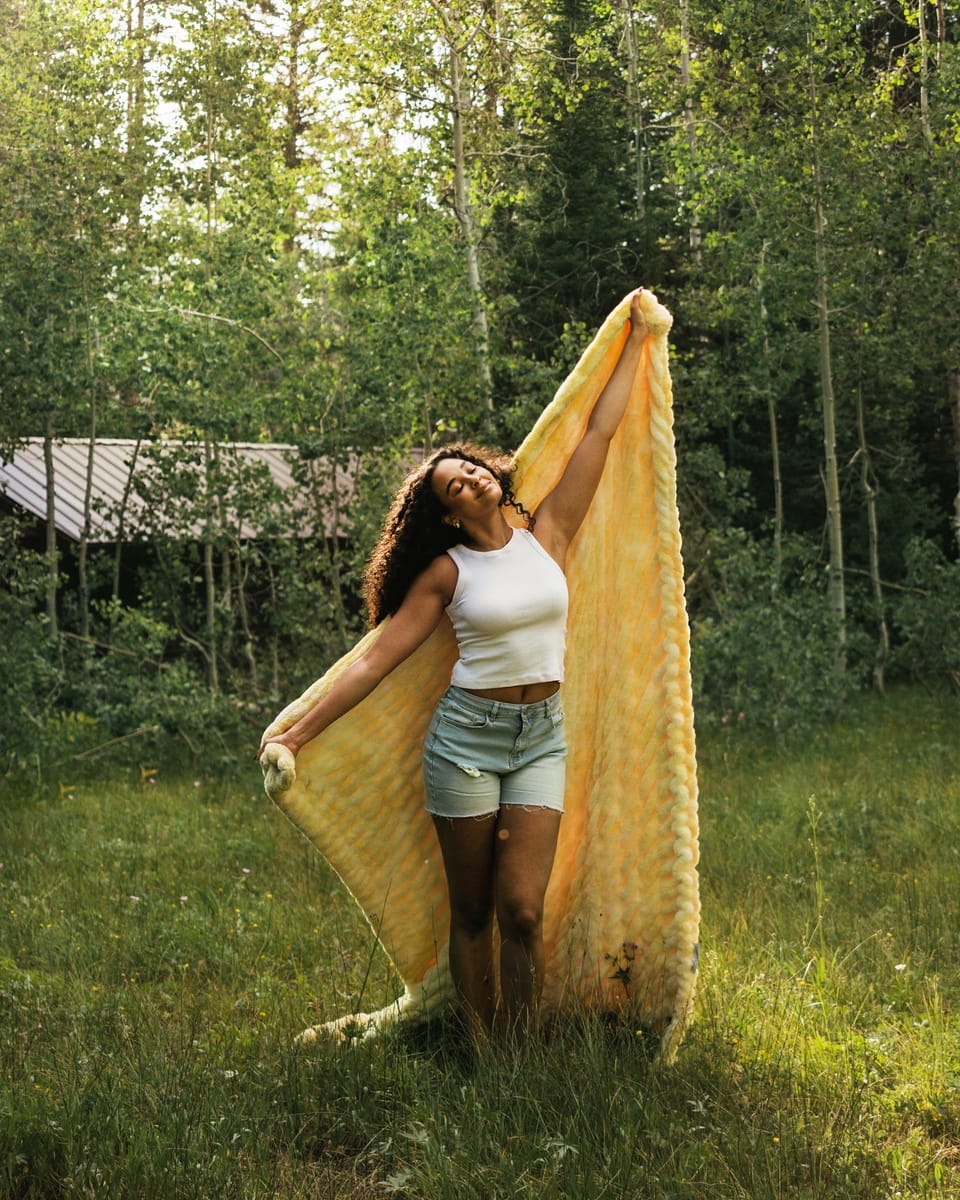 A woman standing in a grassy outdoor area surrounded by trees, holding up a large yellow blanket or throw with both arms.