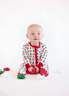 Infant Unisex Zipper Footie with Poinsettia and Tree, perfect for holiday celebrations with festive design.