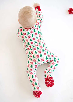 Minky Couture Infant Unisex Zipper Footie on a baby crawling, featuring festive holiday design and cozy fit.
