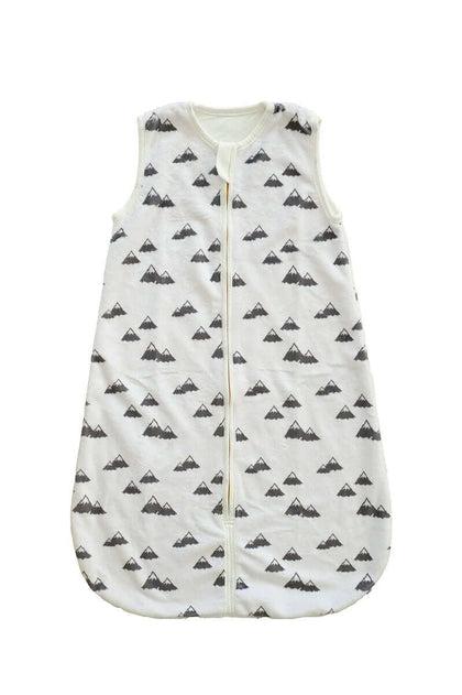 Mountains Wearable Minky Blanket featuring gray mountains and gold zipper, perfect for safe infant sleep.