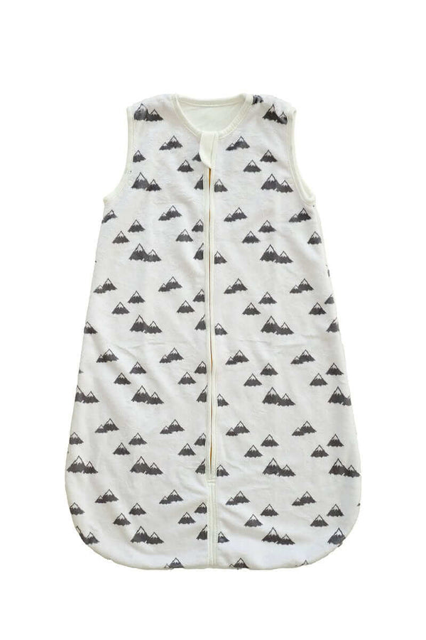 Mountains Wearable Minky Blanket featuring gray mountains and gold zipper, perfect for safe infant sleep.