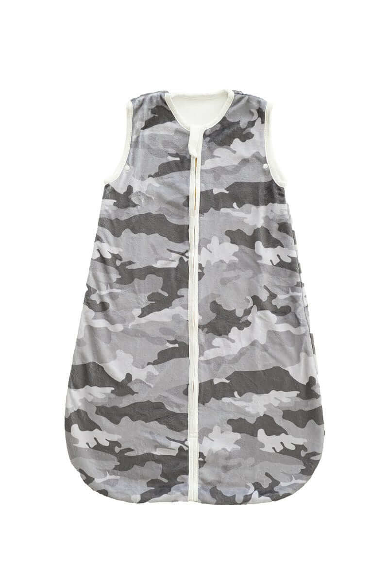 Camo Wearable Minky Blanket in gray camouflage pattern with gold zipper for infants' safe sleep.