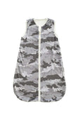 Camo Wearable Minky Blanket in gray camouflage pattern with gold zipper for infants' safe sleep.