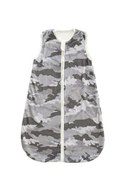 Camo Wearable Minky Blanket in gray camouflage pattern with gold zipper for infants' safe sleep.