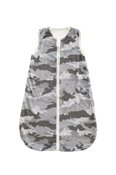 Camo Wearable Minky Blanket in gray camouflage pattern with gold zipper for infants' safe sleep.