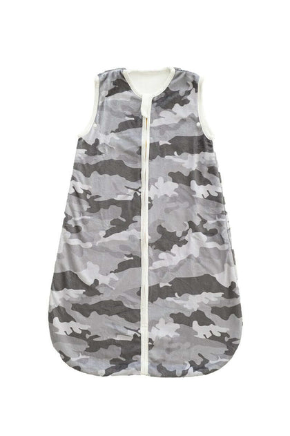 Camo Wearable Minky Blanket in gray camouflage pattern with gold zipper for infants' safe sleep.