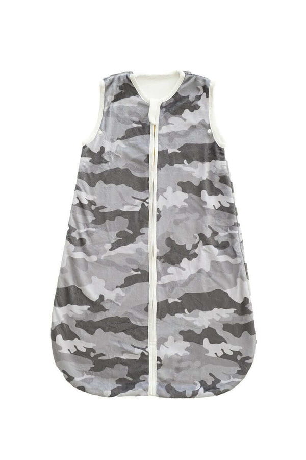 Camo Wearable Minky Blanket in gray camouflage pattern with gold zipper for infants' safe sleep.