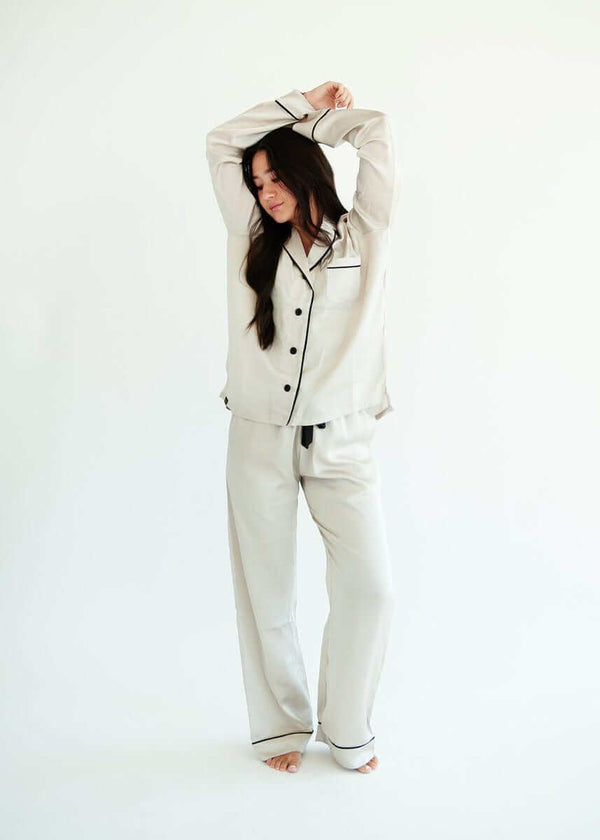 Middle of the Night Pajamas Satin Ancient Scroll displayed on a model with long sleeves and stylish trim.