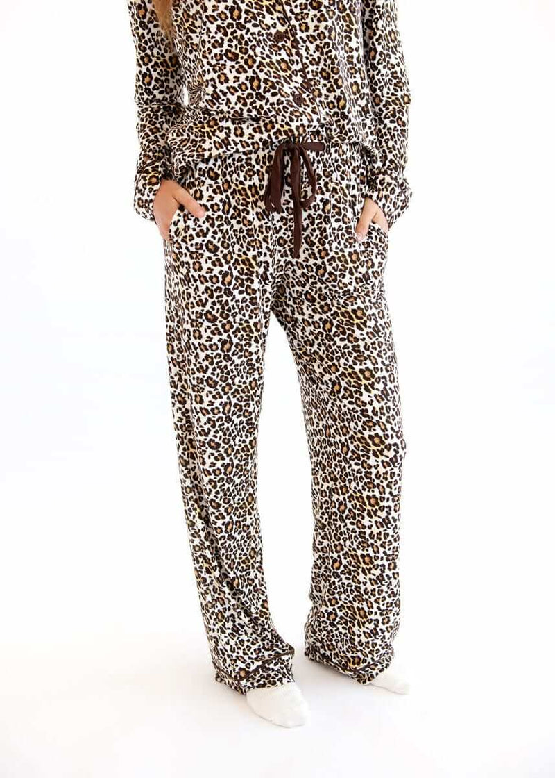 Leopard print Middle of the Night Button Up pajama pants with drawstring waist and pockets.