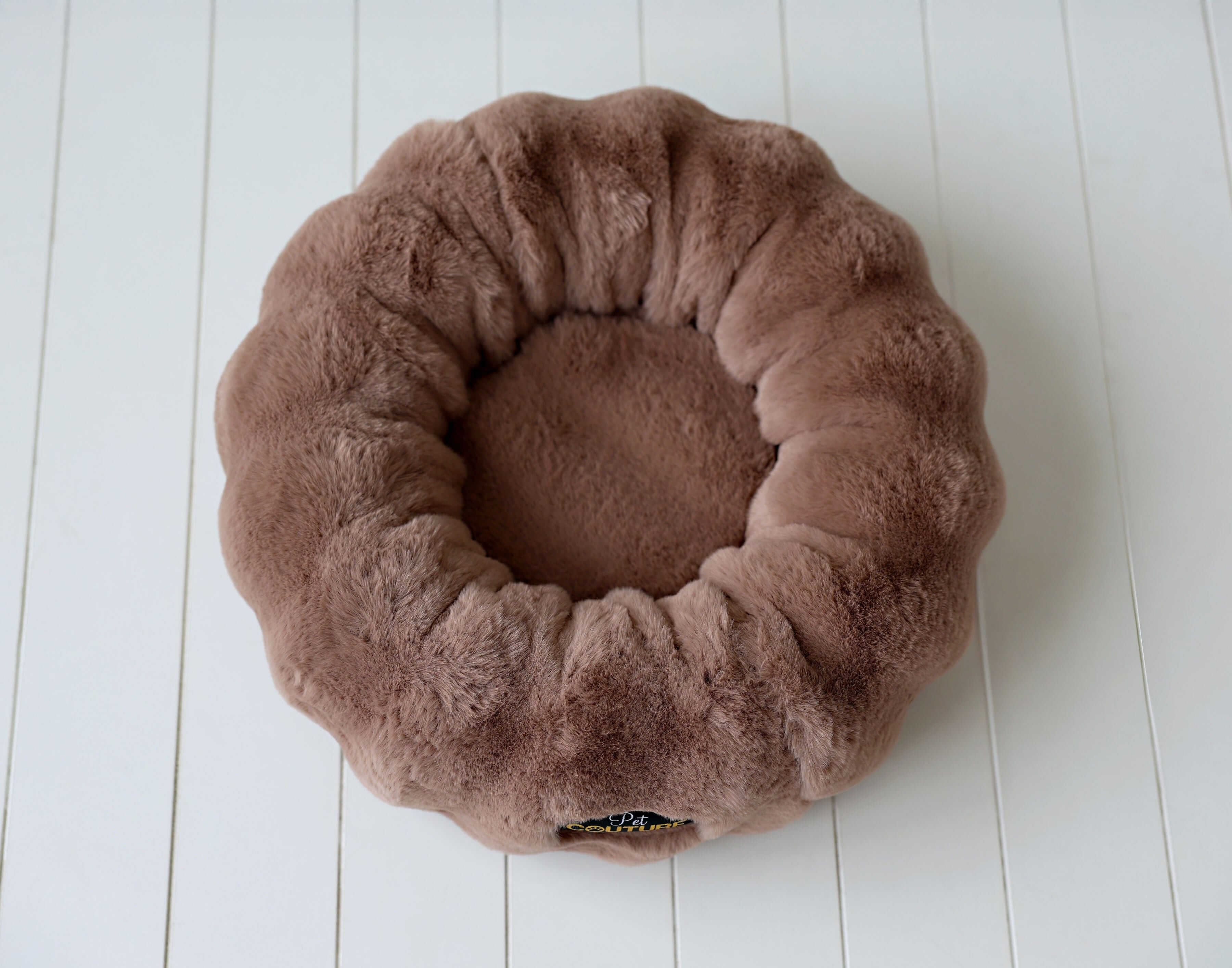 Milk Chocolate Pet Bed cover on a white background, featuring soft, plush Minky fabric with a round shape.