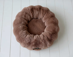 Milk Chocolate Pet Bed cover on a white background, featuring soft, plush Minky fabric with a round shape.