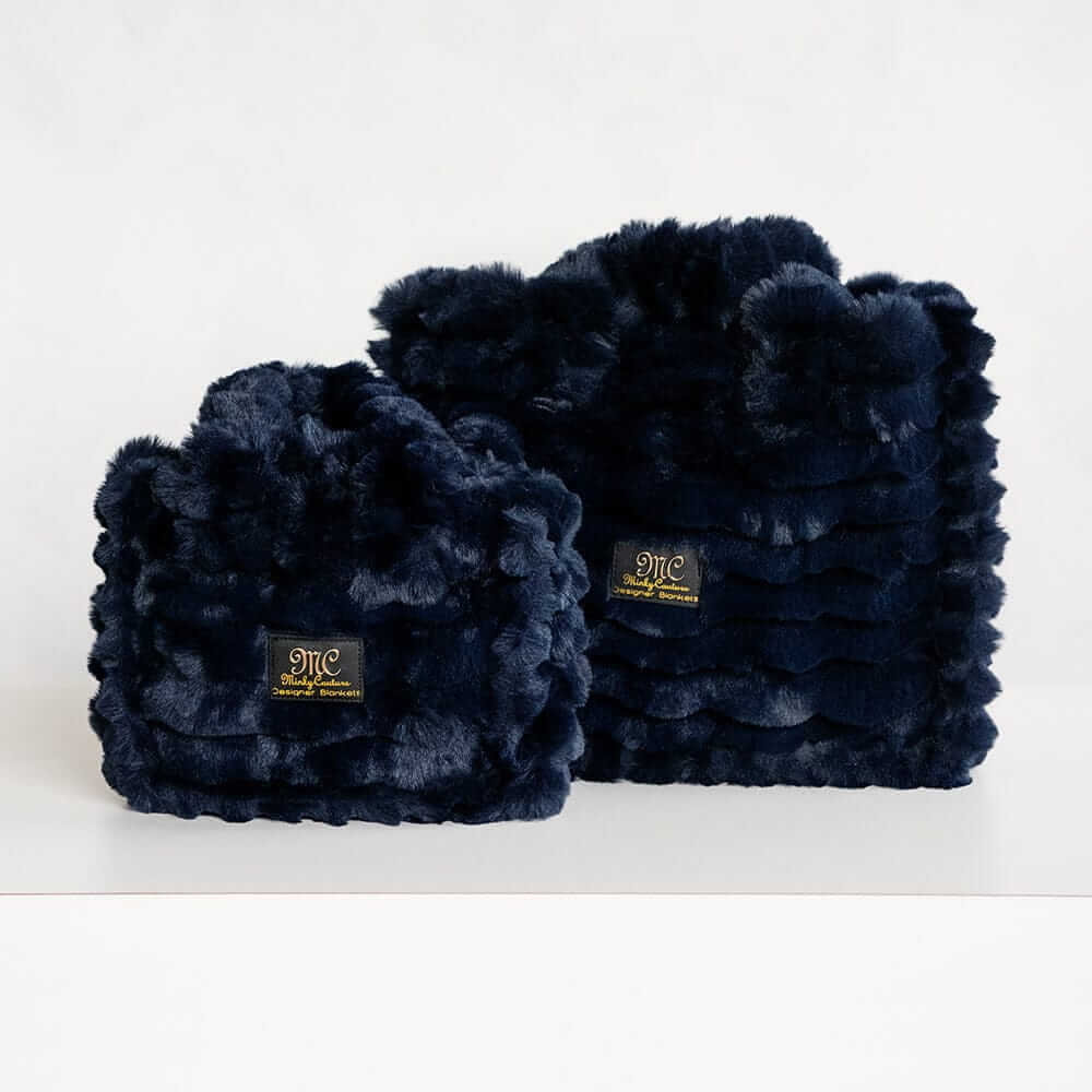 Two navy blue Minky Couture Annie bags Ripple Night Sky in different sizes displayed side by side.