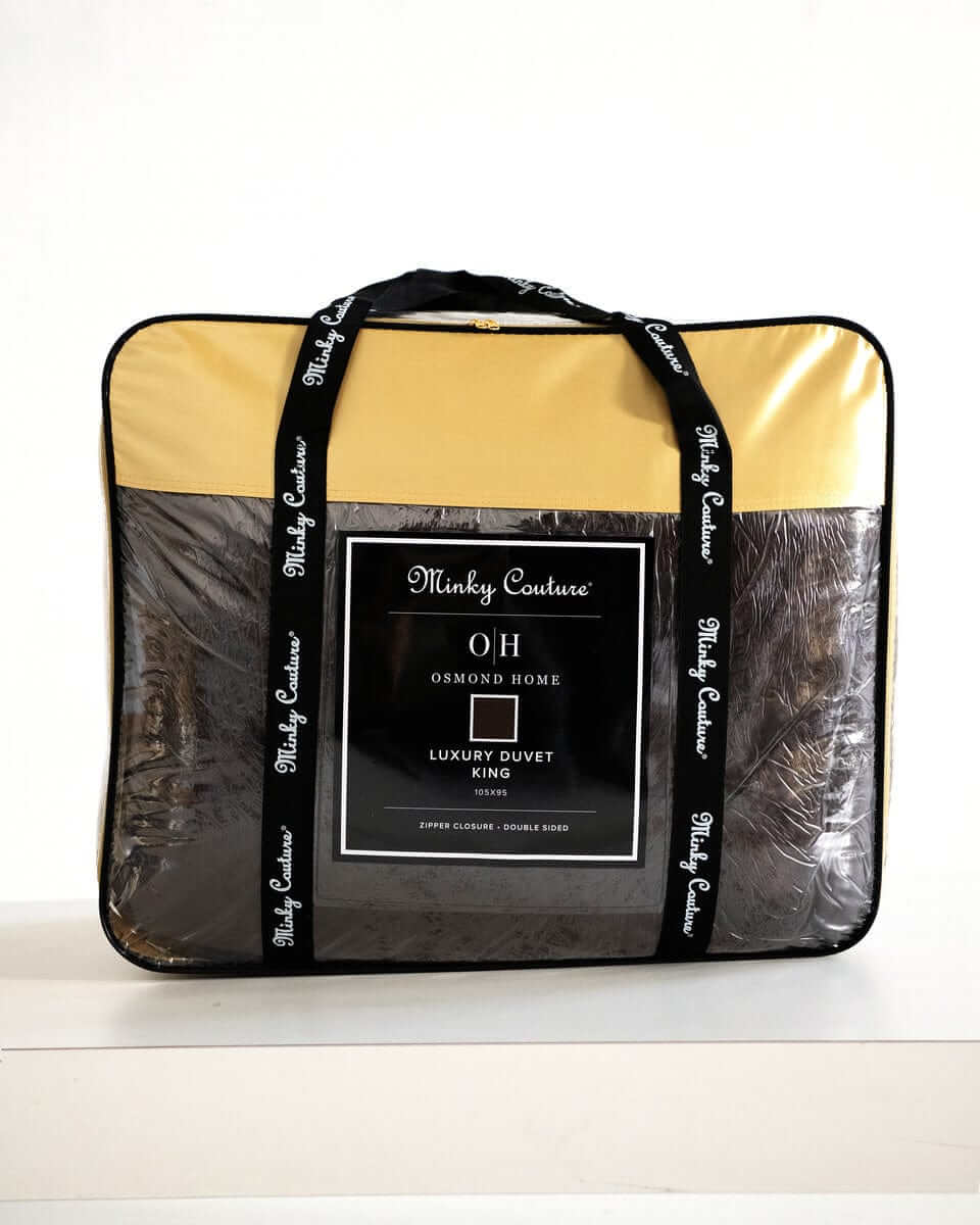 Chocolate Cloud Duvet packaged in Minky Couture brand box, showcasing luxurious king size bedding.