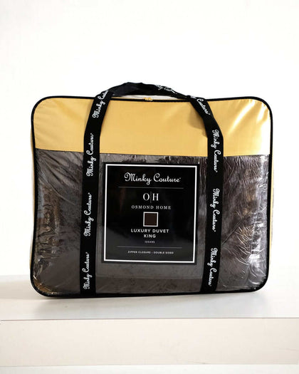 Chocolate Cloud Duvet packaged in Minky Couture brand box, showcasing luxurious king size bedding.