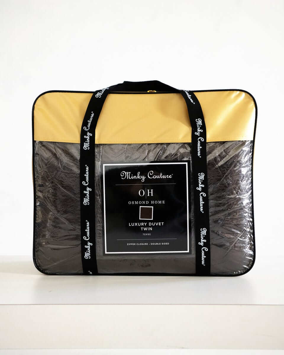 Chocolate Cloud Duvet packaged in stylish tote from Minky Couture x Osmond Designs Collection, available in twin size.