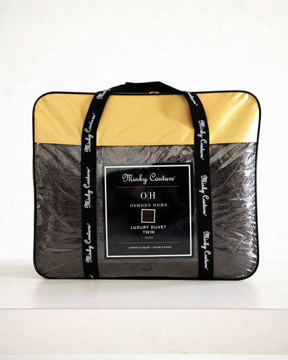 Chocolate Cloud Duvet packaged in stylish tote from Minky Couture x Osmond Designs Collection, available in twin size.