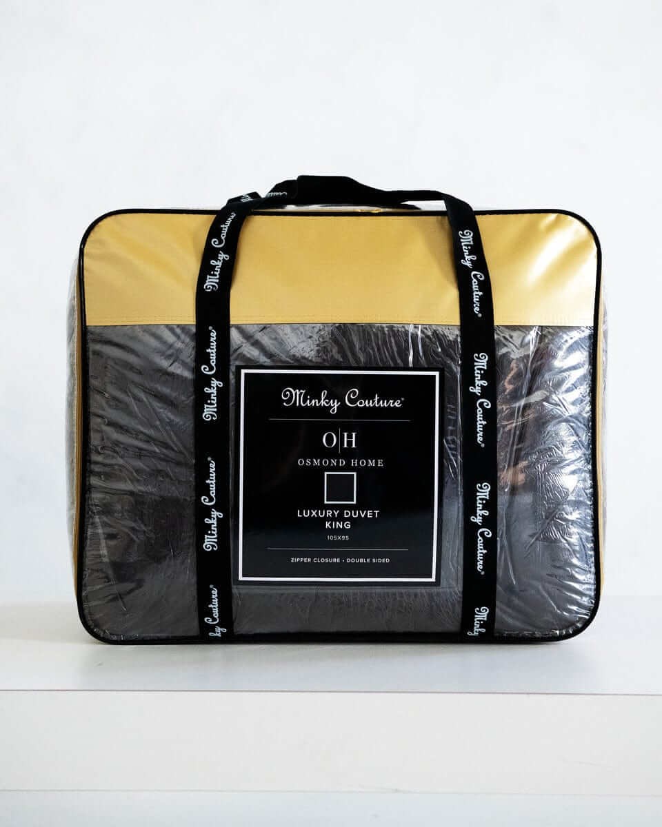 Charcoal Cloud Duvet in king size packaging by Minky Couture, showcasing luxurious comfort and modern design.