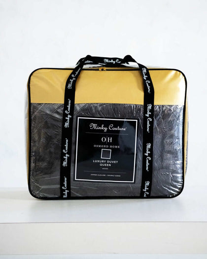 Charcoal Cloud Duvet packaged in a stylish carrying case by Minky Couture, showcasing luxury and comfort.