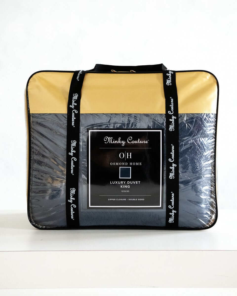 Navy Cloud Duvet packaged in a stylish Minky Couture bag, showcasing its luxurious king size design.