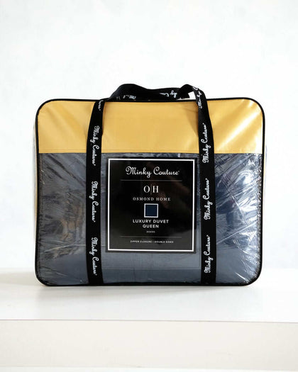 Navy Cloud Duvet packaging by Minky Couture, showing plush fabric and design for a luxury bedroom feel.
