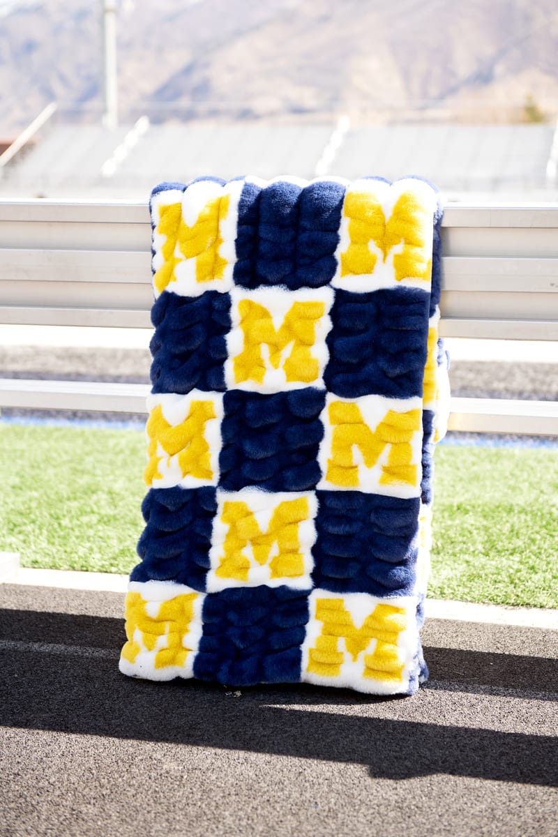 University of Michigan Wolverines Blanket displayed on a bench with a vibrant design of M's in blue and yellow.