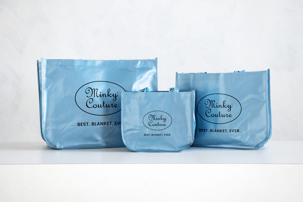 Set of Minky Couture reusable Shopping Bags in blue; great for groceries and gift-giving.