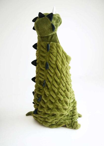 Huggable Dino green plush blanket with dinosaur spikes and horns, perfect for imaginative prehistoric adventures.