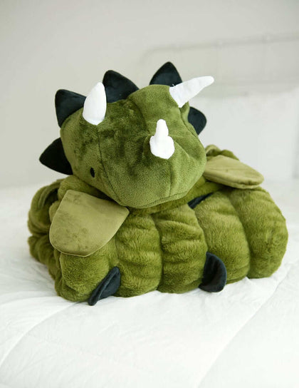 Huggable Dino plush toy with a triceratops head, perfect for imaginative play and cozy cuddles.