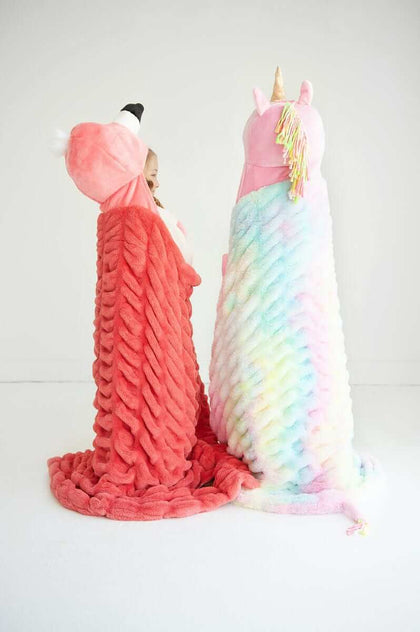 Huggable Unicorn children's blanket with unicorn head hood and pastel tie-dye design.
