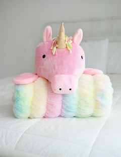 Huggable Unicorn children's blanket with unicorn head hood, gold horn, and rainbow tie-dye colors.