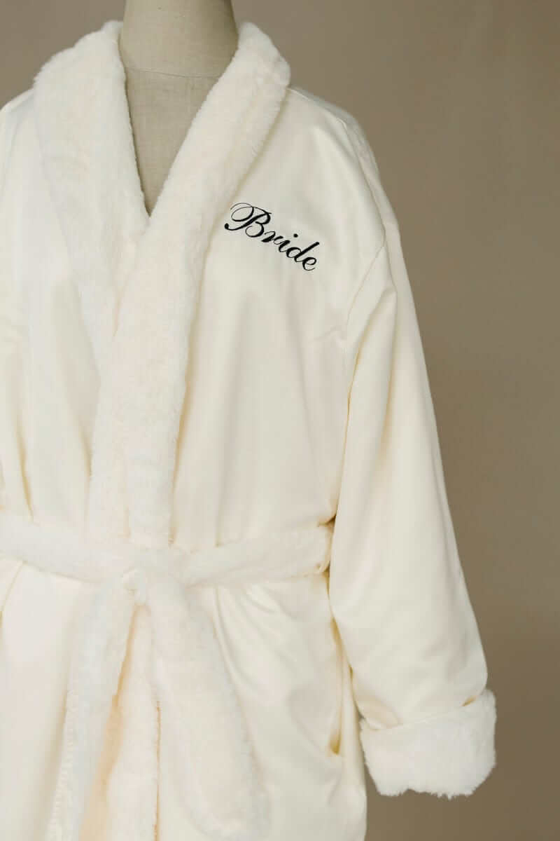 Satin Cream Robe featuring plush Minky lining, collar, pockets, and personalized 